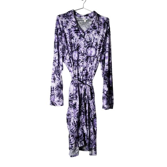 LuLaRoe Ellie Midi Shirt Dress Plus Size 3XL Purple Tie Dye Button Up Tie Waist - Picture 1 of 5